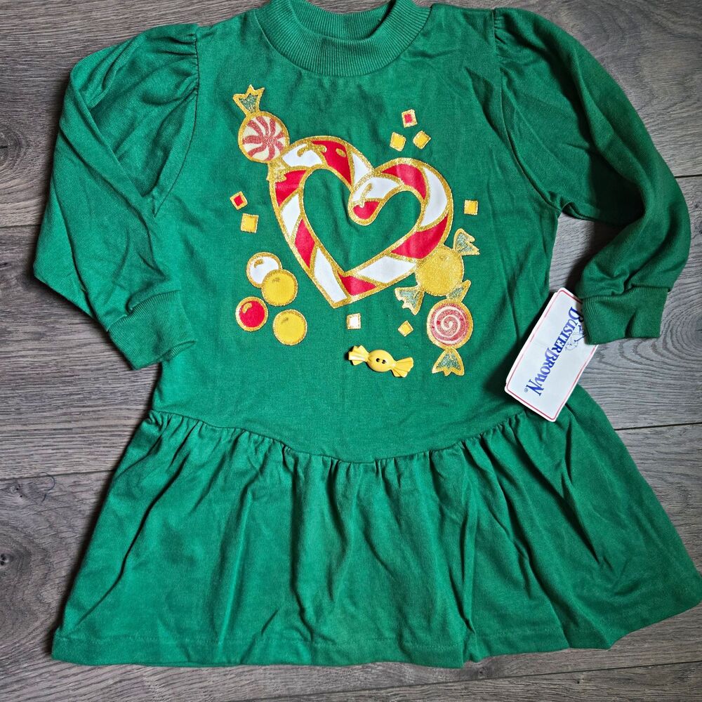 VTG Buster Brown Girls 3T Dress Green Christmas Candy Cane Drop Waist USA NWT
